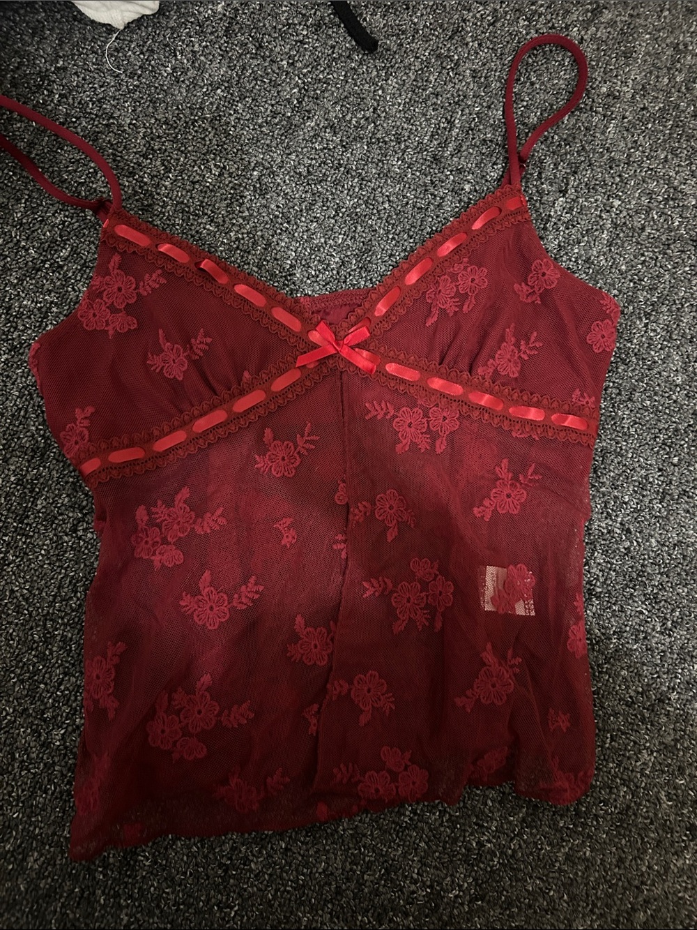 Red Lace Sheer Camisole with Floral Embroidery